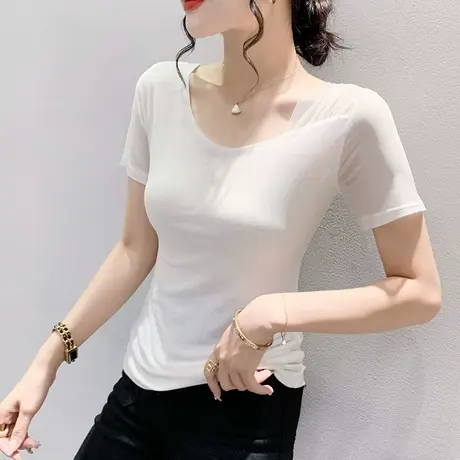性感网纱拼接短袖T恤女纯色百搭简约修身小衫夏季洋气设计感上衣图片