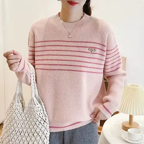 圆领条纹卡通小熊刺绣套头毛衣少女减龄休闲宽松秋冬保暖针织上衣商品大图