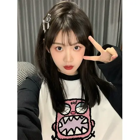 黑白拼接内搭打底衫插肩长袖t恤女秋冬爆款2023早春新款小众上衣图片