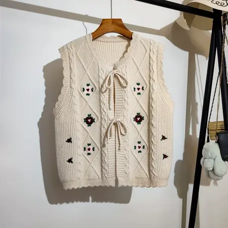 系带针织开衫马甲女秋冬新款设计感小众麻花刺绣花朵毛衣背心外穿商品大图