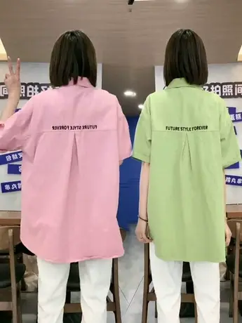 欧货后背字母印花短袖牛仔衬衫女2023年夏季新款设计感小个子衬衣商品大图