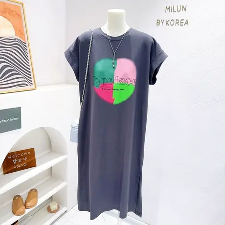 欧货慵懒宽松长款T恤裙夏季爱心字母显瘦纯棉懒人连衣裙飞袖开叉图片