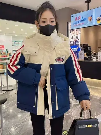 撞色羽绒服女2023年新款加厚连帽小个子工装外套白鸭绒宽松上衣潮商品大图