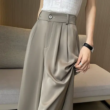 缎面冰丝阔腿裤女夏季薄款高腰宽松休闲垂感小个子八分西装裙裤子商品大图