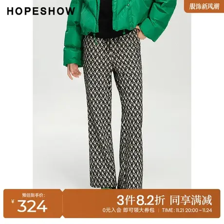 红袖outlets撞色字母松紧腰休闲裤hopeshow2023冬款印花喇叭裤女商品大图