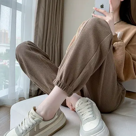 九分束脚运动裤女春秋2023新款松紧腰卡其色裤子休闲裤萝卜哈伦裤商品大图