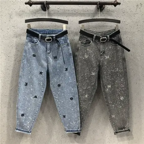 欧洲站女装 欧货潮春夏新款重工烫钻刺绣字母宽松牛仔哈伦裤垮裤图片