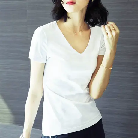 雀后白色t恤女夏装新款韩版百搭V领短袖棉质夏装半袖打底衫女上衣图片