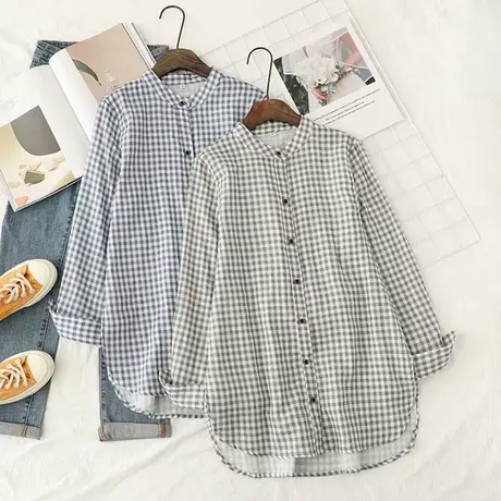春秋季双层棉纱柔软小立领文艺休闲纯棉格子衬衫女宽松中长款上衣图片