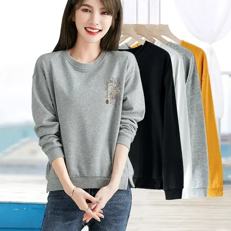 印花套头卫衣女圆领宽松显瘦打底衫新款气质内搭长袖开叉上衣春秋图片