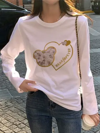 白色仿棉长袖t恤女装2023新款秋冬季加绒美式复古内搭打底衫上衣图片