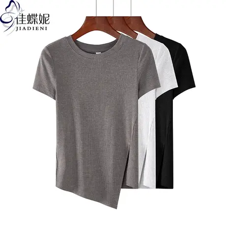 夏季新款韩版圆领纯棉修身短款开叉不规则短袖体恤上衣内搭打底女商品大图