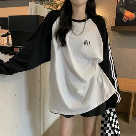 ulzzang长袖女慵懒街头风上衣ins潮小众设计感oversize大码t恤女图片