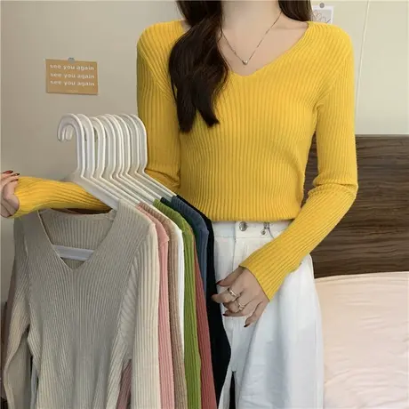 秋冬新款修身紧身v领长袖内搭针织衫上衣洋气短款毛衣女士打底衫商品大图