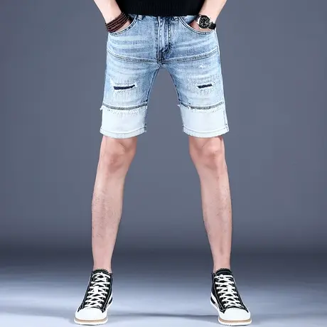 男士破洞拼接五分裤子浅色韩版潮流男款牛仔短裤男款秋冬薄款中裤商品大图