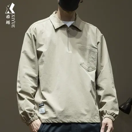 希越半拉链POLO衫长袖T恤男士秋冬季宽松大码日系潮流青年打底t恤商品大图