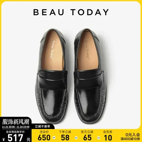 BeauToday黑色英伦风小皮鞋女2024新款BT羊皮乐福鞋软皮单鞋平底商品大图
