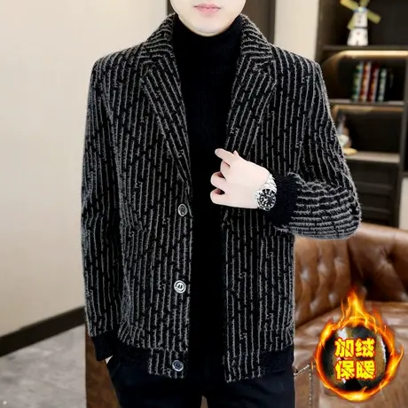 冬季高端加绒加厚西服男士条纹短款毛呢子夹克大衣金貂绒西装外套图片