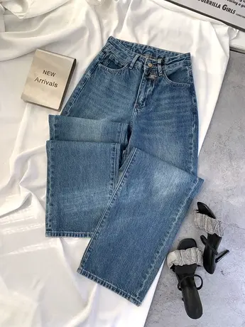 水洗磨白基础牛仔阔腿裤女代嘉儿同款显瘦百搭高腰宽松直筒长裤子商品大图