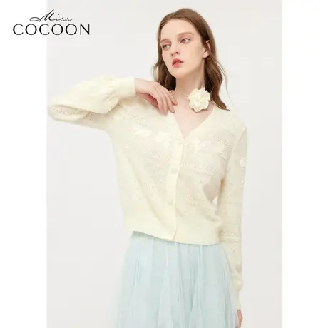 【秋上新】missCOCOON提花针织上衣2023秋装新款女修身泡泡袖毛衫商品大图