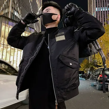 美式设计感个性贴布痞帅飞行员棉衣夹克男冬款复古潮牌棒球领棉服图片