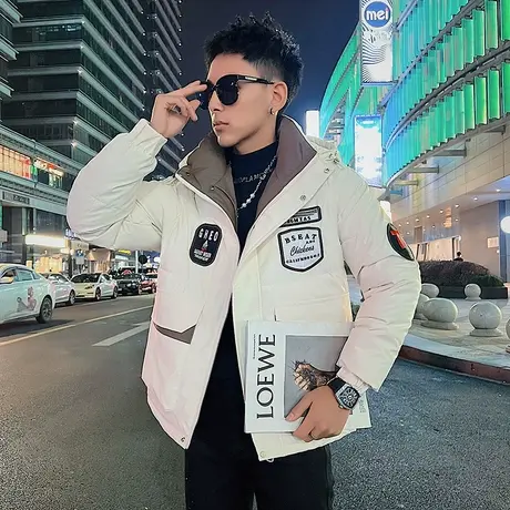 连帽棉服外套男冬季2023新款潮牌痞帅刺绣贴布设计感撞色工装棉衣商品大图