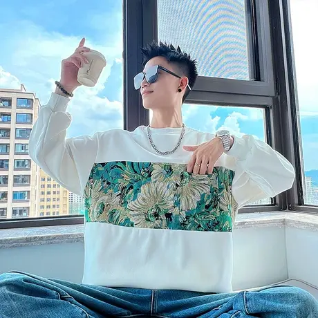 潮牌男士卫衣印花拼接高级感花卉长袖T恤打底衫秋季休闲外套百搭商品大图
