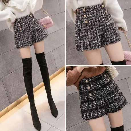 短裤女秋冬2023新款高腰阔腿显瘦学生百搭格子毛呢a字休闲裤外穿图片