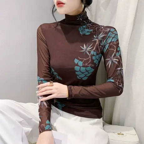 欧货女装加绒半高领网纱印花长袖打底衫洋气内塔上衣女修身T恤ins图片