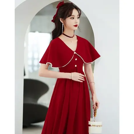 孕妇敬酒服新娘2023新款春秋季高腰遮肚子结婚回门礼服酒红色V领图片