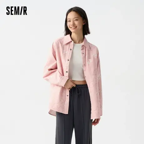 [商场同款]森马长袖衬衫女中长款猫咪满印春2024新款宽松衬衣甜酷图片