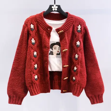 日系复古刺绣牛角扣毛衣外套女冬季2024新款宽松慵懒风针织开衫商品大图