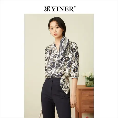 YINER音儿女装2022夏季设计感印花V领真丝衬衫图片