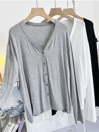 春夏宽松莫代尔开衫大V领薄外套空调衫披肩防晒衫纯色短外套外搭商品大图