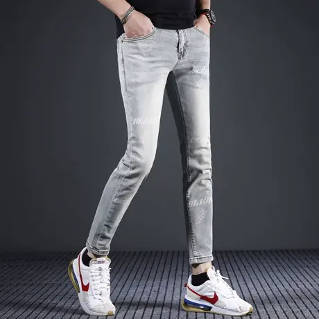 2024新款夏季九分牛仔裤男修身小脚潮牌印花浅色潮流弹力男士裤子商品大图