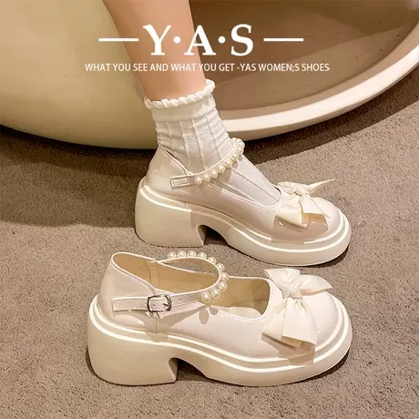 玛丽珍鞋女2024年春新款时尚高跟蝴蝶结厚底粗跟珍珠配裙子小皮鞋商品大图
