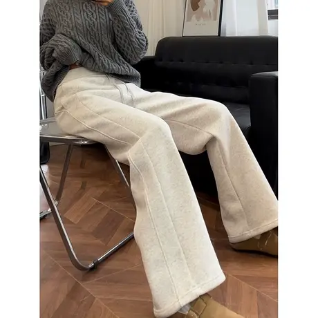 白灰色阔腿微喇裤女春季2024新款韩版宽松高腰休闲运动长裤子潮商品大图