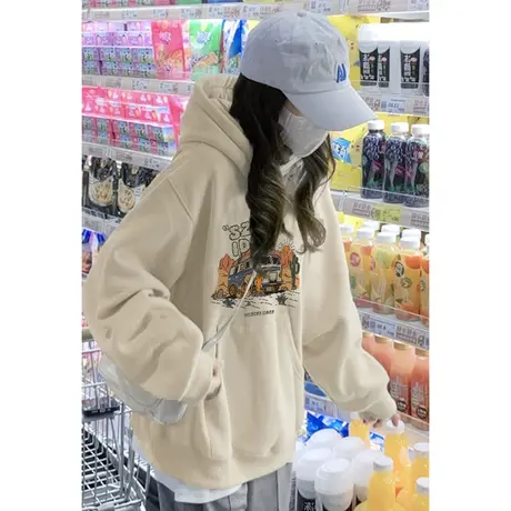 连帽卫衣女秋冬加绒加厚oversize潮牌小众设计感港味chic上衣外套图片