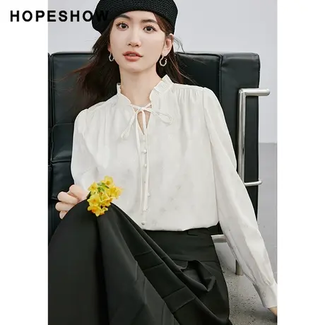 红袖精致压褶木耳边套头上衣hopeshow2024春季新款休闲淑女雪纺衫图片