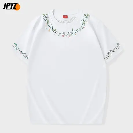 中国风刺绣春暖花开男T恤宽松夏季街头圆领上衣服纯棉打底衫短袖商品大图