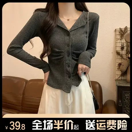 polo领设计感长袖t恤女春秋2024新款爆款修身内搭打底衫正肩上衣商品大图