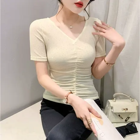 设计感网纱V领镂空重工镶钻上衣打底衫气质拼接收皱短袖修身T恤女商品大图