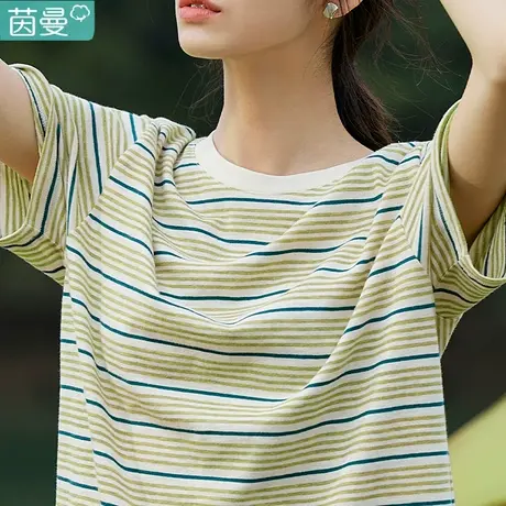 茵曼官方旗舰店官网体桖女2024新款港风宽松T恤短袖夏季条纹半袖图片