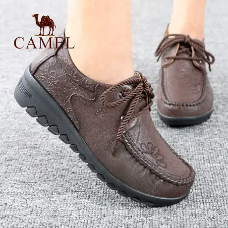 Camel/骆驼女鞋春秋季新款真羊皮系带坡跟中年舒适休闲妈妈鞋子单图片