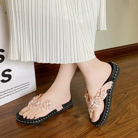 2024新款拖鞋女夏外穿时尚百搭海边夹脚沙滩凉拖鞋花朵厚底人字拖商品大图