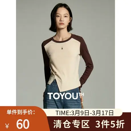 TOYOUTH初语开叉下摆设计感插肩长袖T恤女2023冬季新款磨毛打底衫商品大图