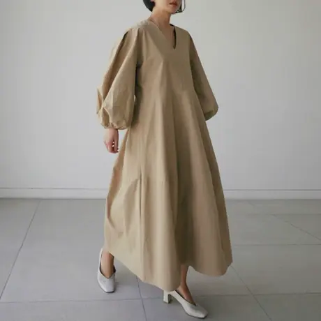 春夏装新款V领连衣裙女过膝长款韩版宽松大码时尚休闲灯笼袖裙子图片