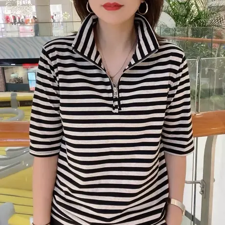 休闲t恤女2022新款夏季小众polo短袖韩版时尚百搭显瘦条纹上衣图片
