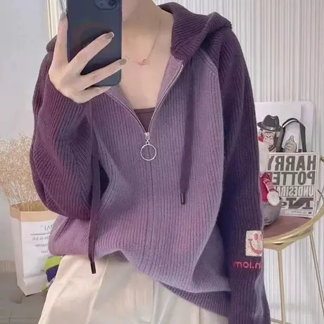 秋装2023新款宽松拼色连帽针织外套女春秋学院风毛衣开衫外搭上衣商品大图