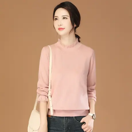 韩潮袭人半高领粉色花瓣袖毛衣女2023秋季新款长袖打底针织衫上衣商品大图